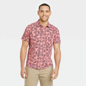 NEW Goodfellow & Co Men's Large Short Sleeve Knit Button-Down Shirt Coral Spice